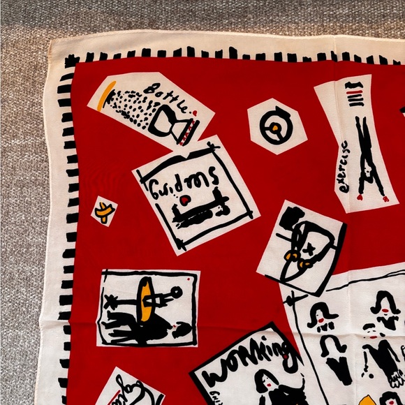 ✨PALOMA PICASSO Vintage “A Day in the Life”Silk Square Scarf Red Cream Black - Picture 7 of 10